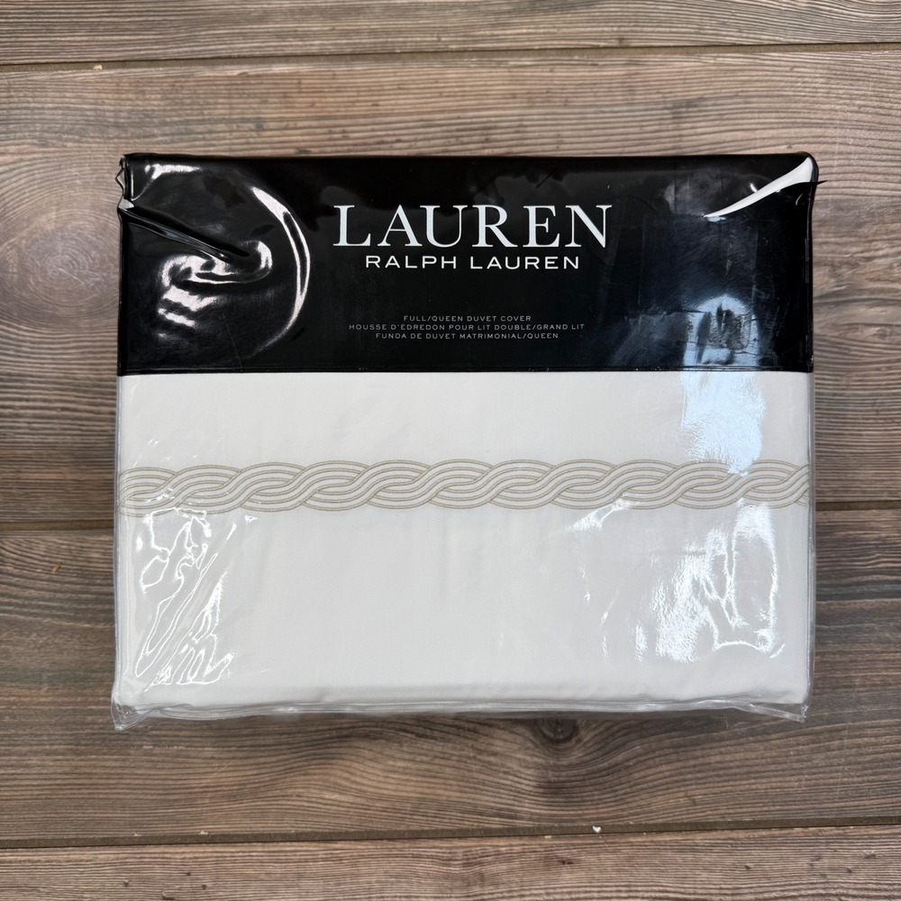 Ralph Lauren Spencer Duvet Cover‎ Full/Queen White Flax Cable Embroidery NEW